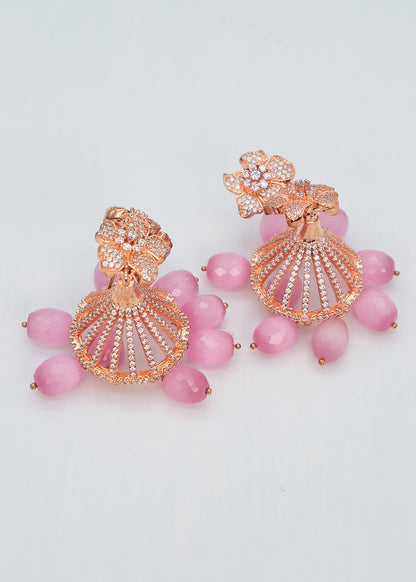 Rose Gold CZ Double Flower Jhumki Earrings