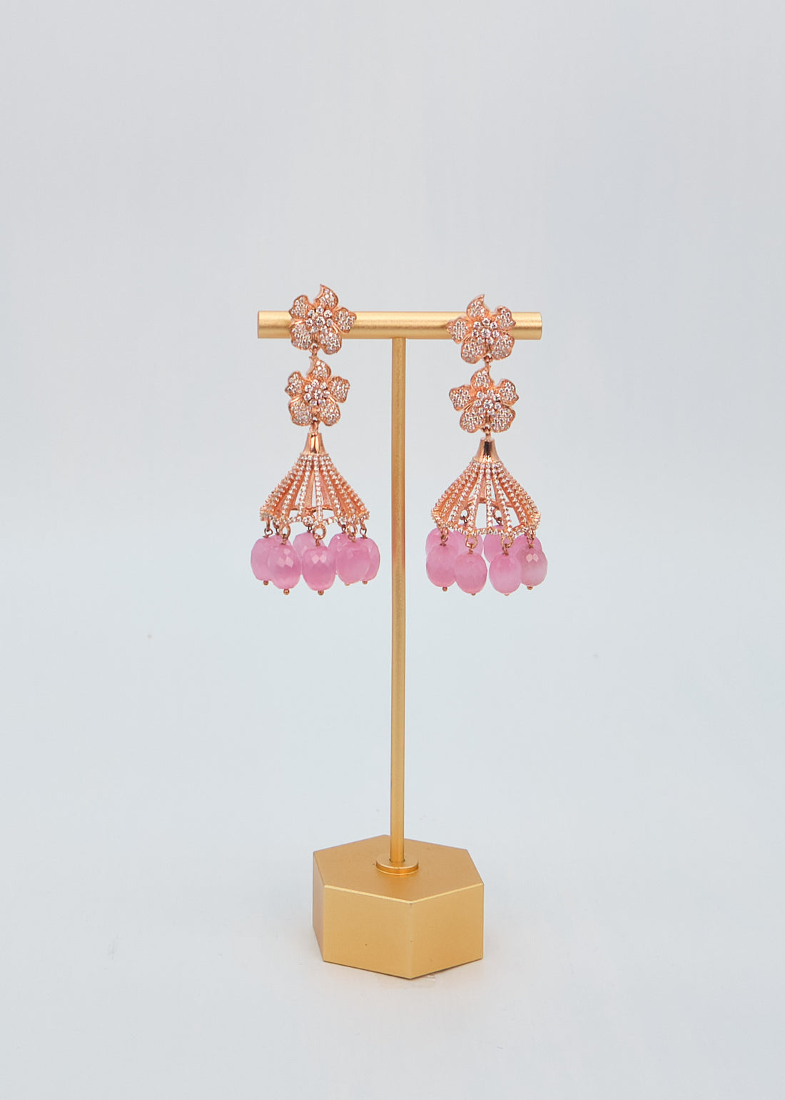 Rose Gold CZ Double Flower Jhumki Earrings