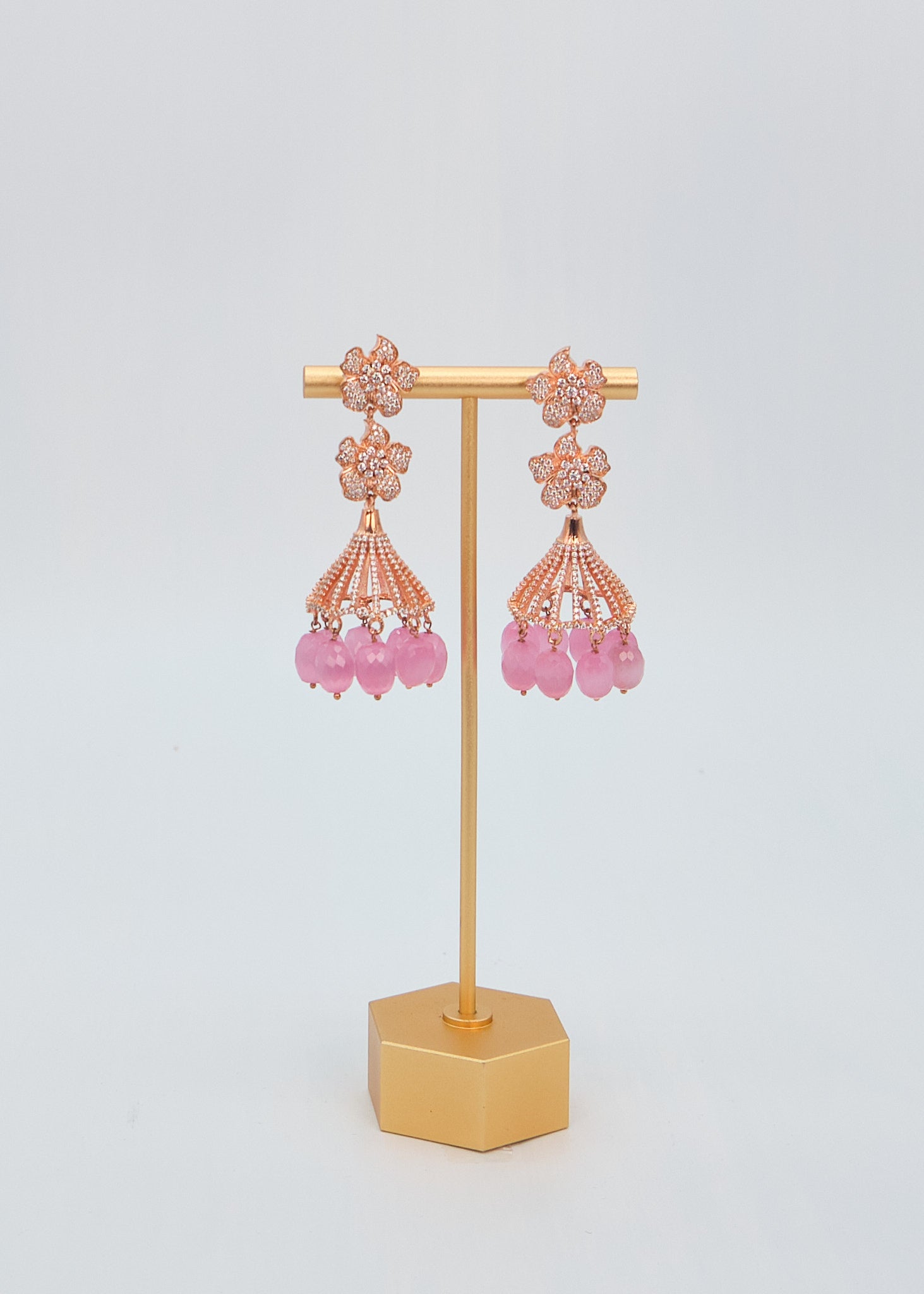 Rose Gold CZ Double Flower Jhumki Earrings