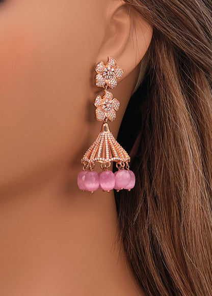 Rose Gold CZ Double Flower Jhumki Earrings