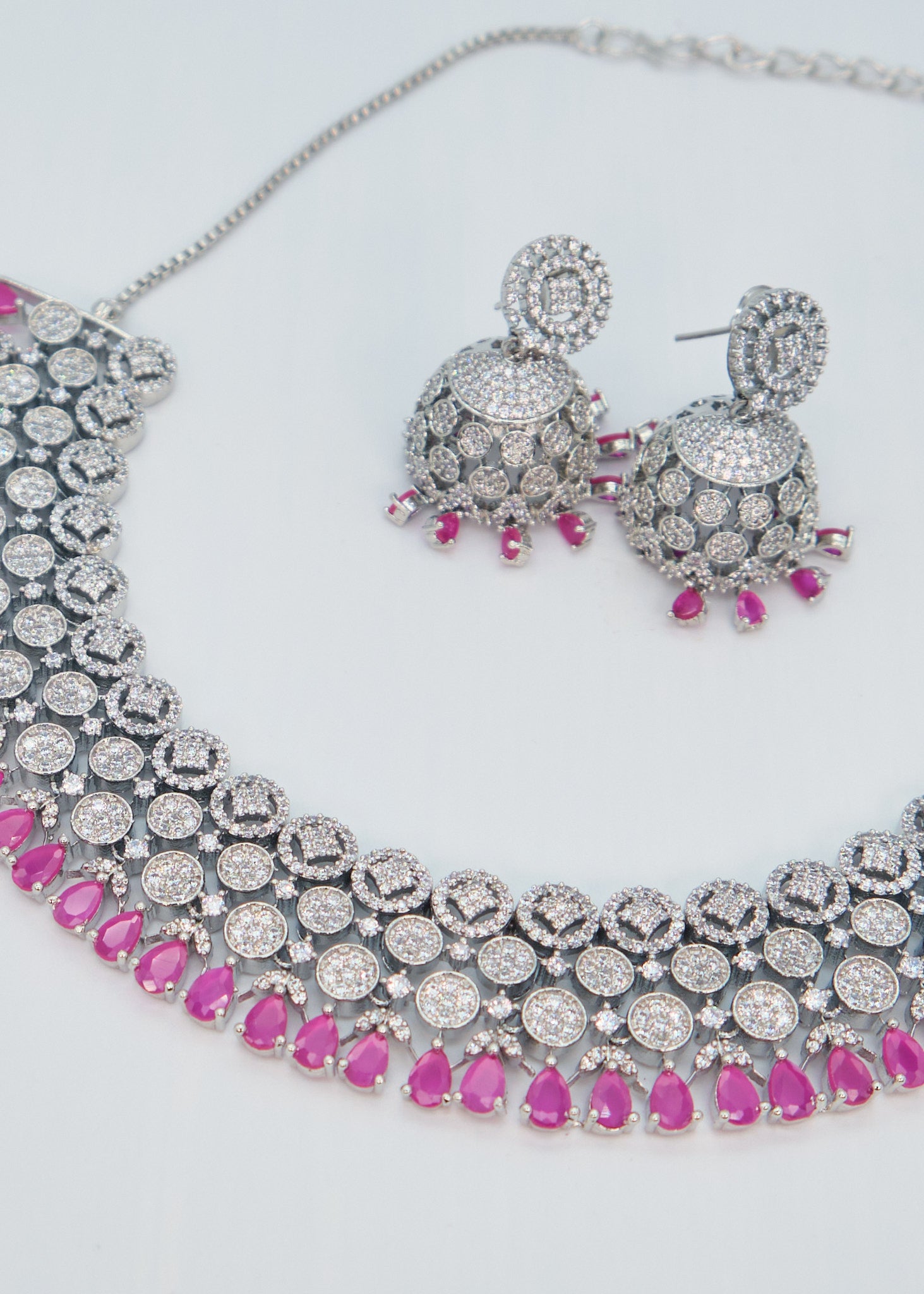 Ruby American Diamond Necklace Set With Jhumki