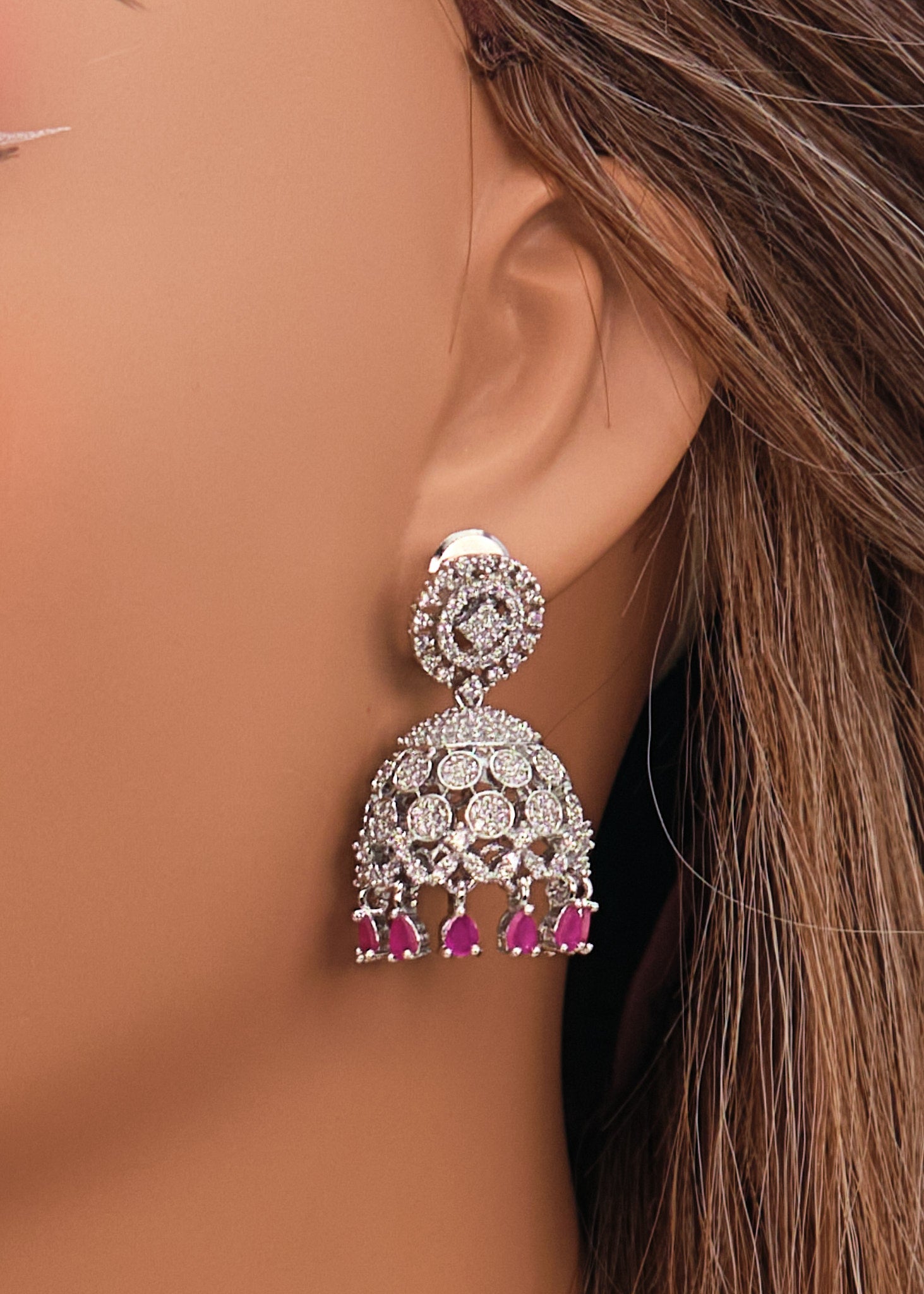 Ruby American Diamond Necklace Set With Jhumki