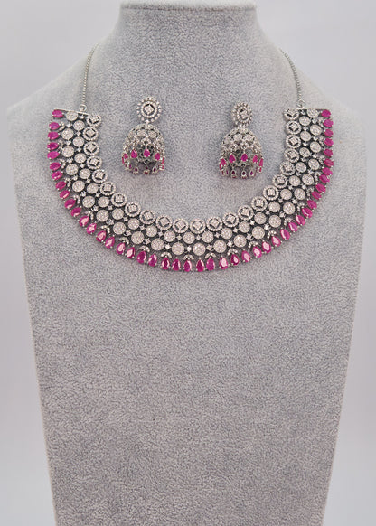 Ruby American Diamond Necklace Set With Jhumki