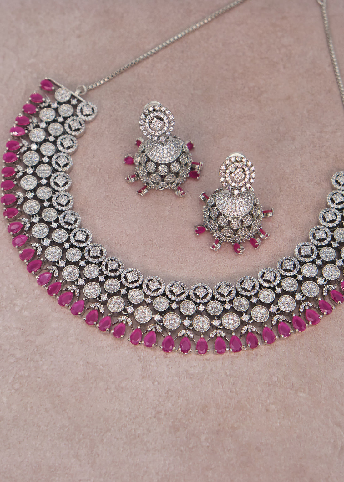 Ruby American Diamond Necklace Set With Jhumki