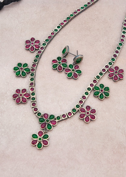 German silver Multi Stone Flower Necklace Set