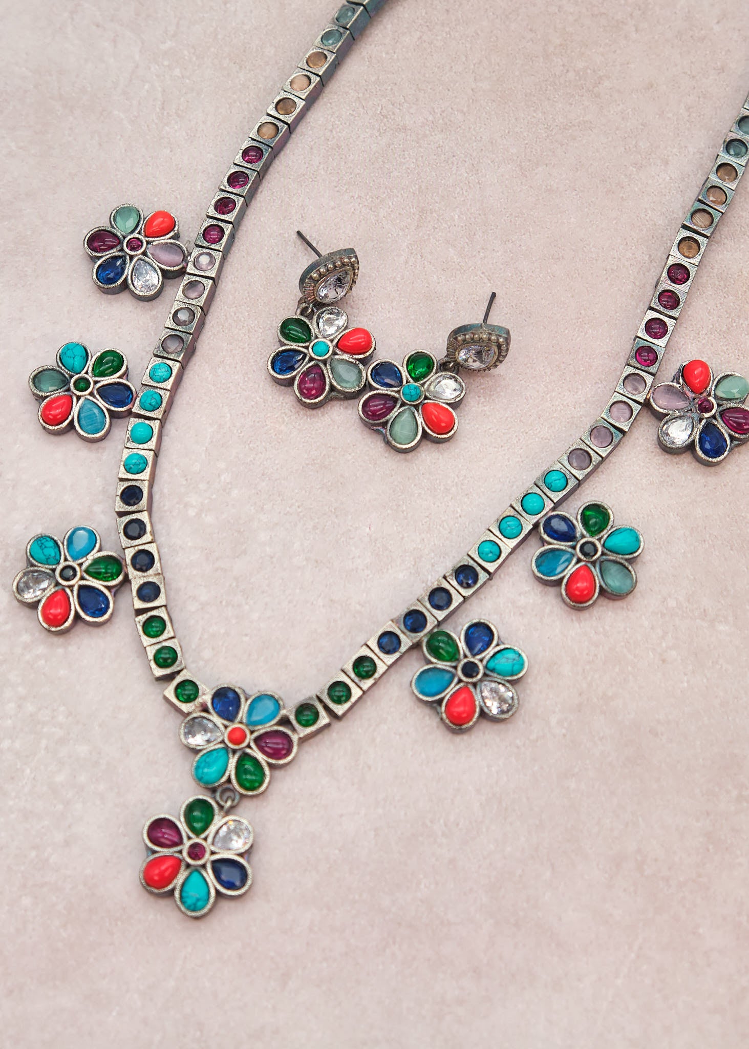 German silver Multi Stone Flower Necklace Set