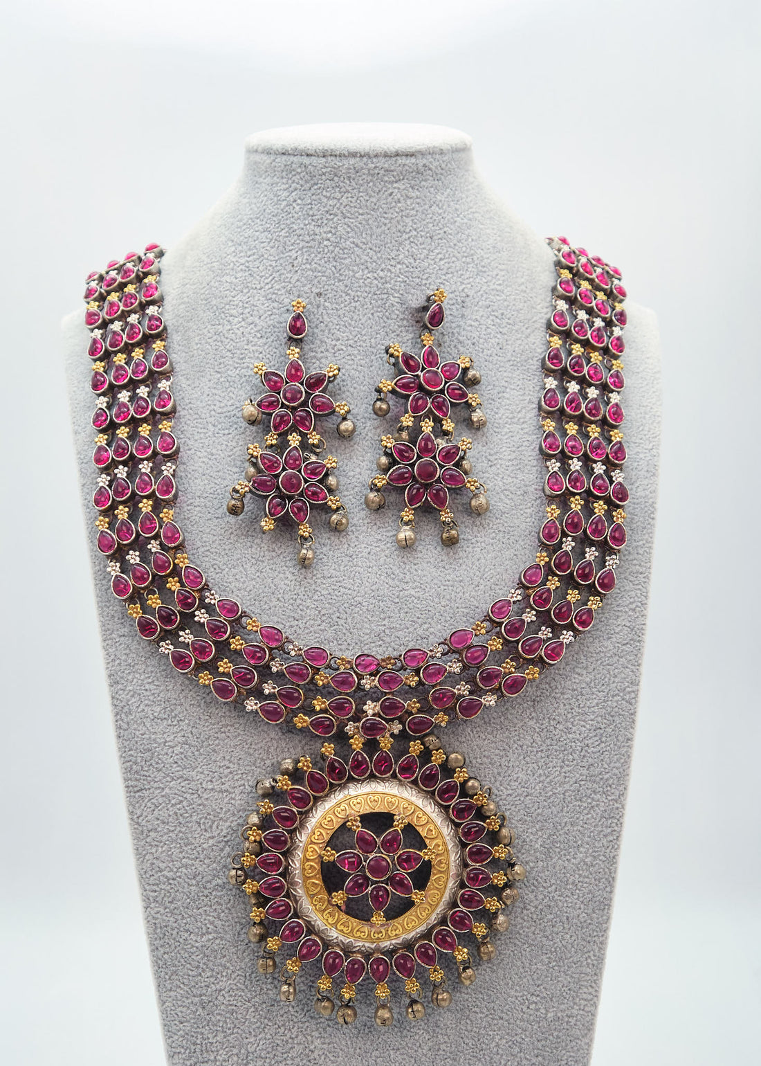 German Silver Dual Ruby Long Necklace Set