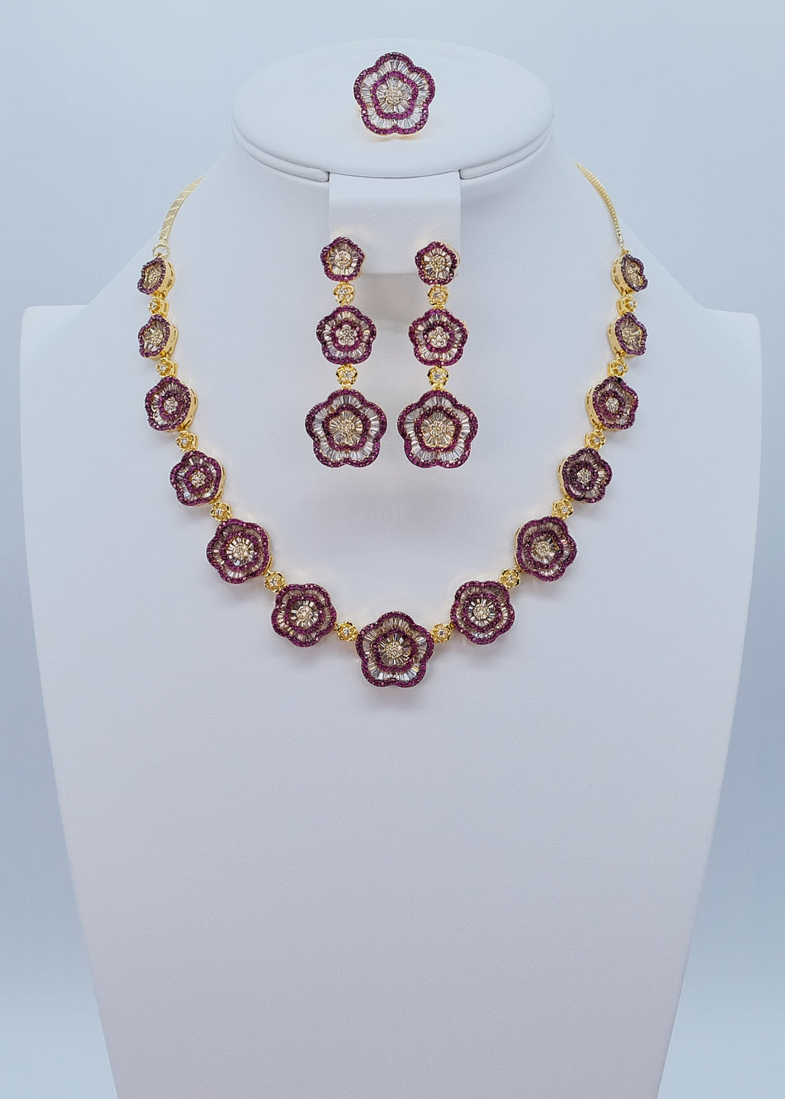 Ruby Floral CZ Baguette Necklace Set With Ring