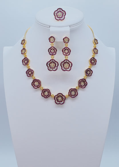 Ruby Floral CZ Baguette Necklace Set With Ring