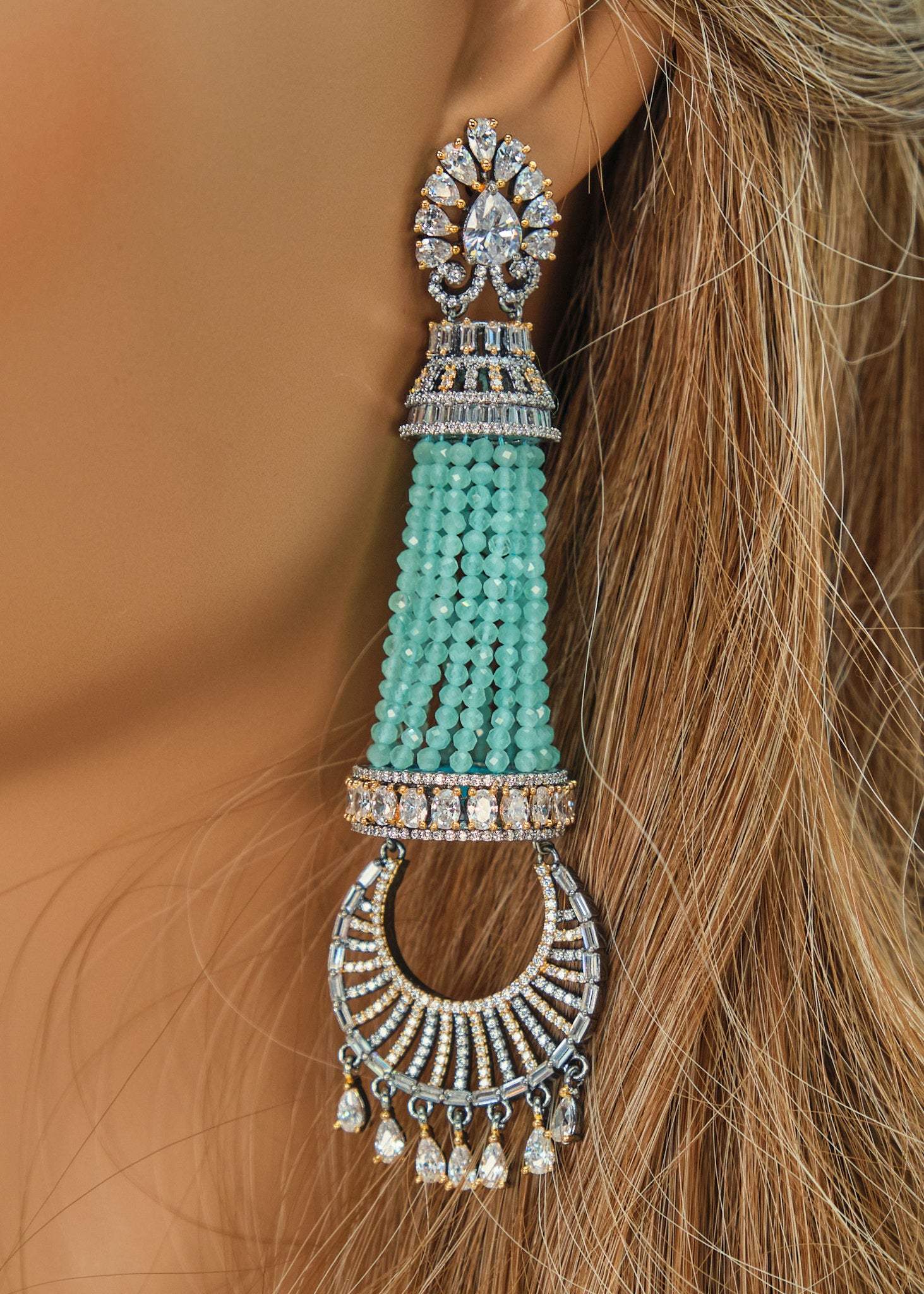 Statement Tiffany Blue CZ Chandelier Long Earrings