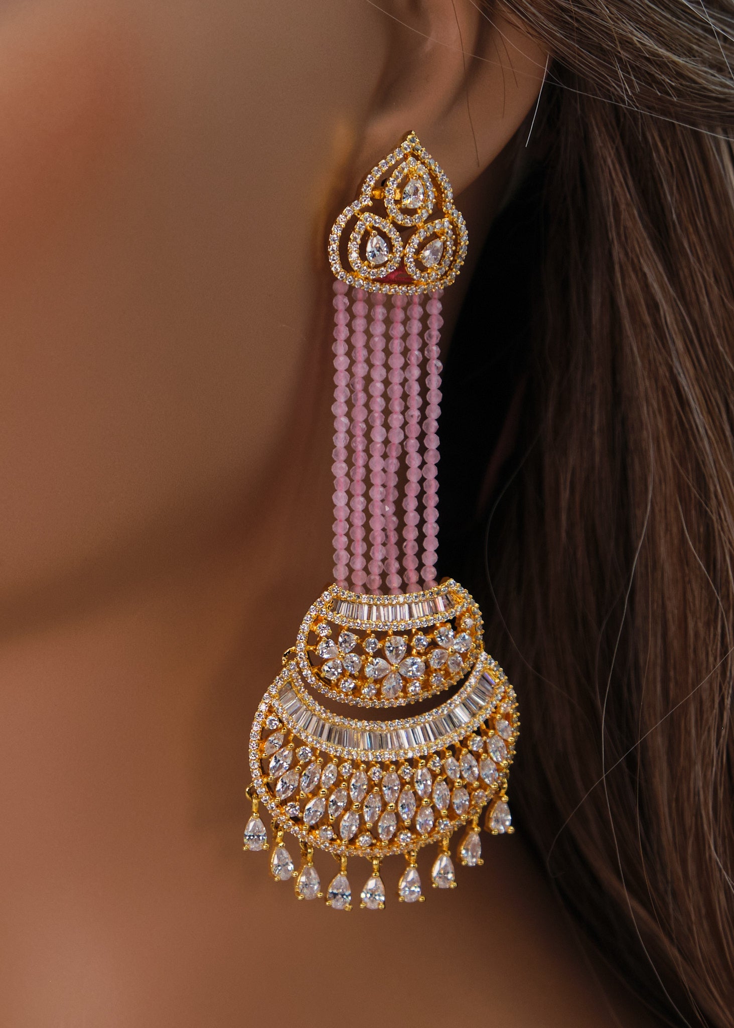 Nayab Statement CZ Chandelier Long Earrings - Gold Finish