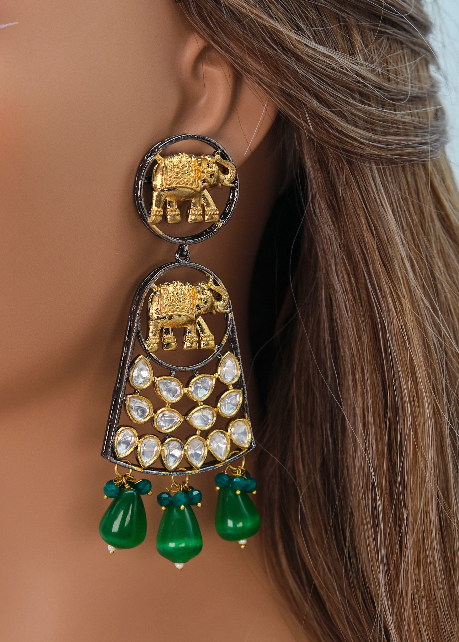 Dual Tone Elephant Kundan Long Earrings