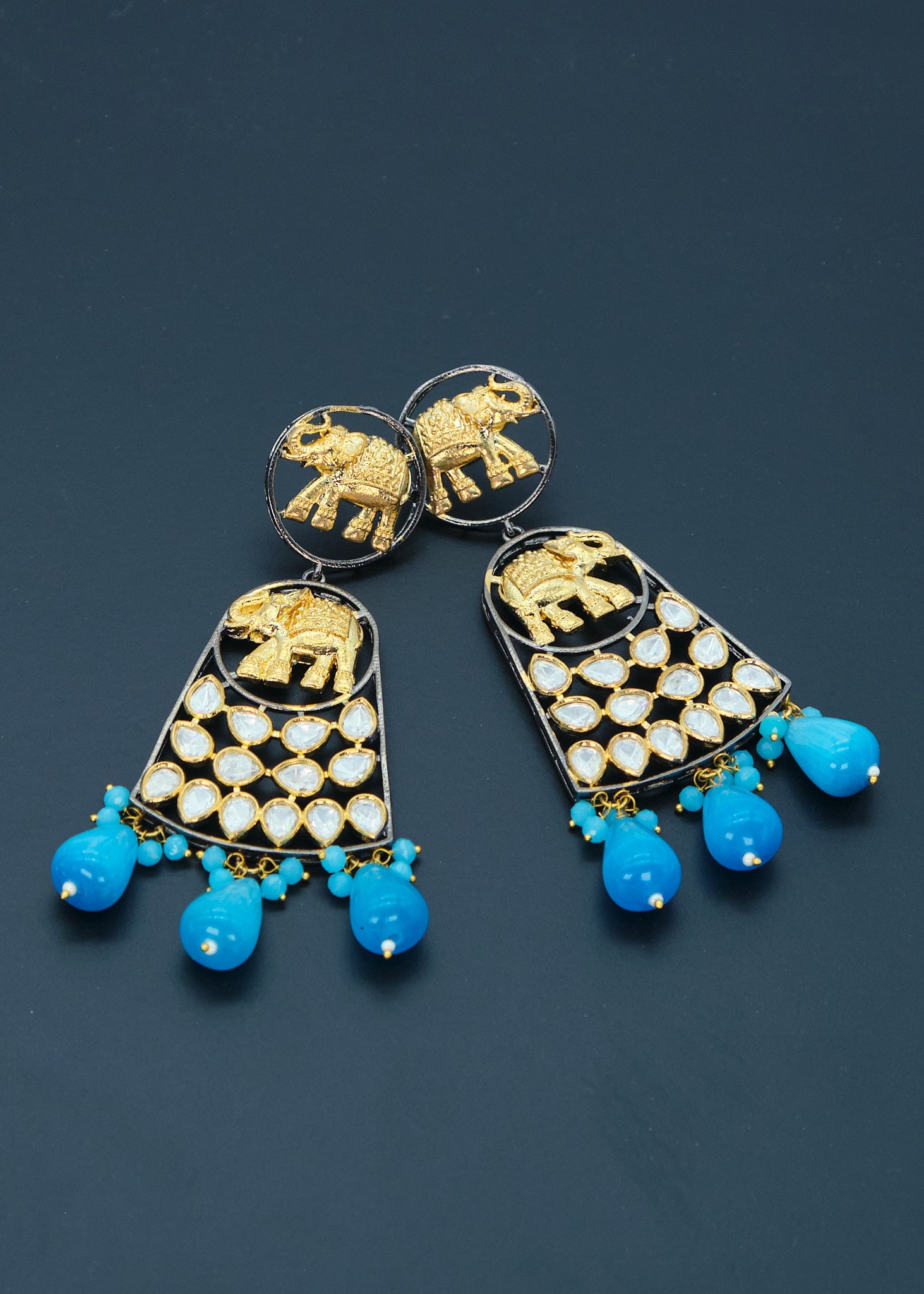 Dual Tone Elephant Kundan Long Earrings