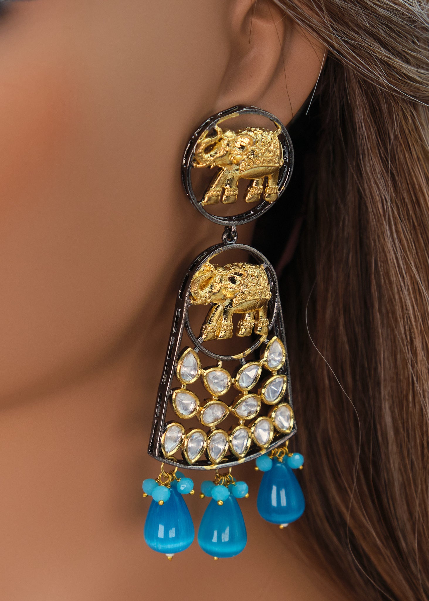 Dual Tone Elephant Kundan Long Earrings