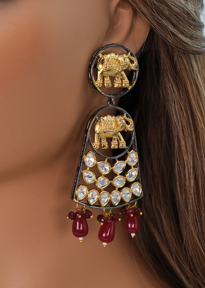 Dual Tone Elephant Kundan Long Earrings