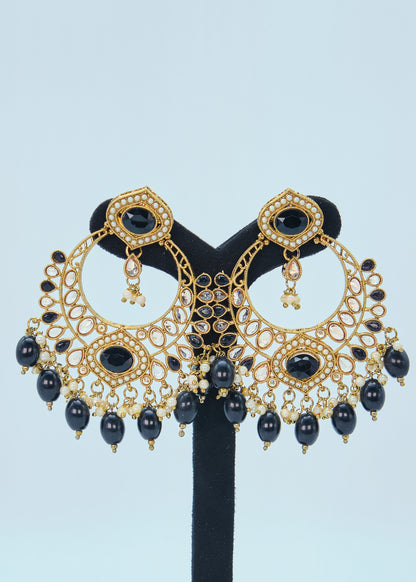 Meera Polki Earrings With Tikka Set - Black