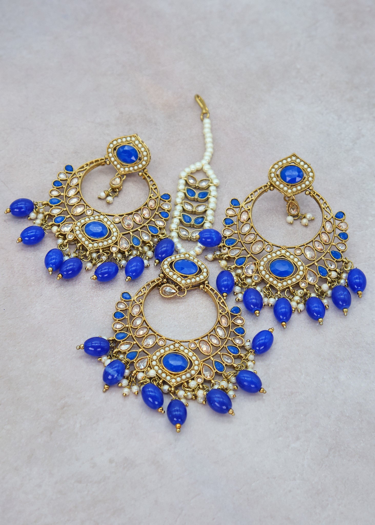 Meera Polki Earrings With Tikka Set - Blue