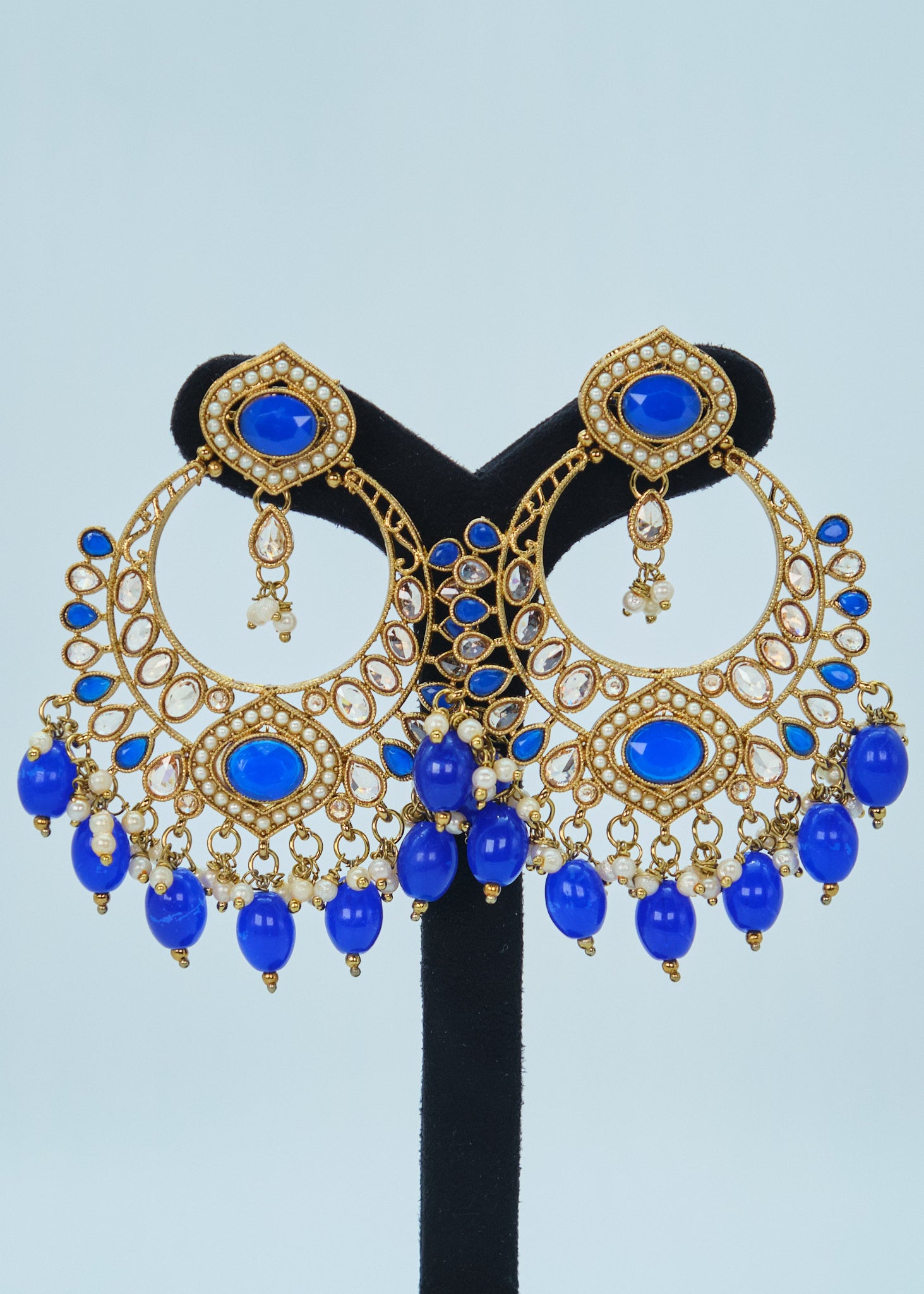 Meera Polki Earrings With Tikka Set - Blue