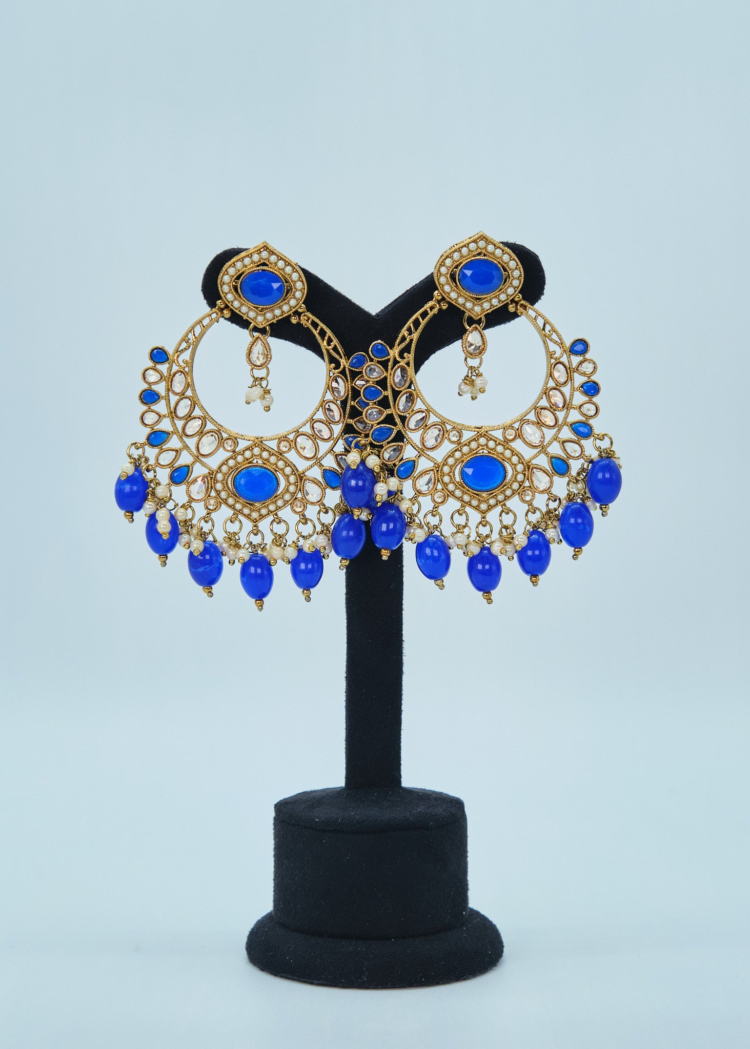 Meera Polki Earrings With Tikka Set - Blue