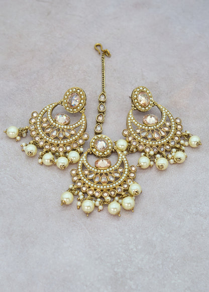 Nyra Polki Earrings With Tikka Set - Pearl