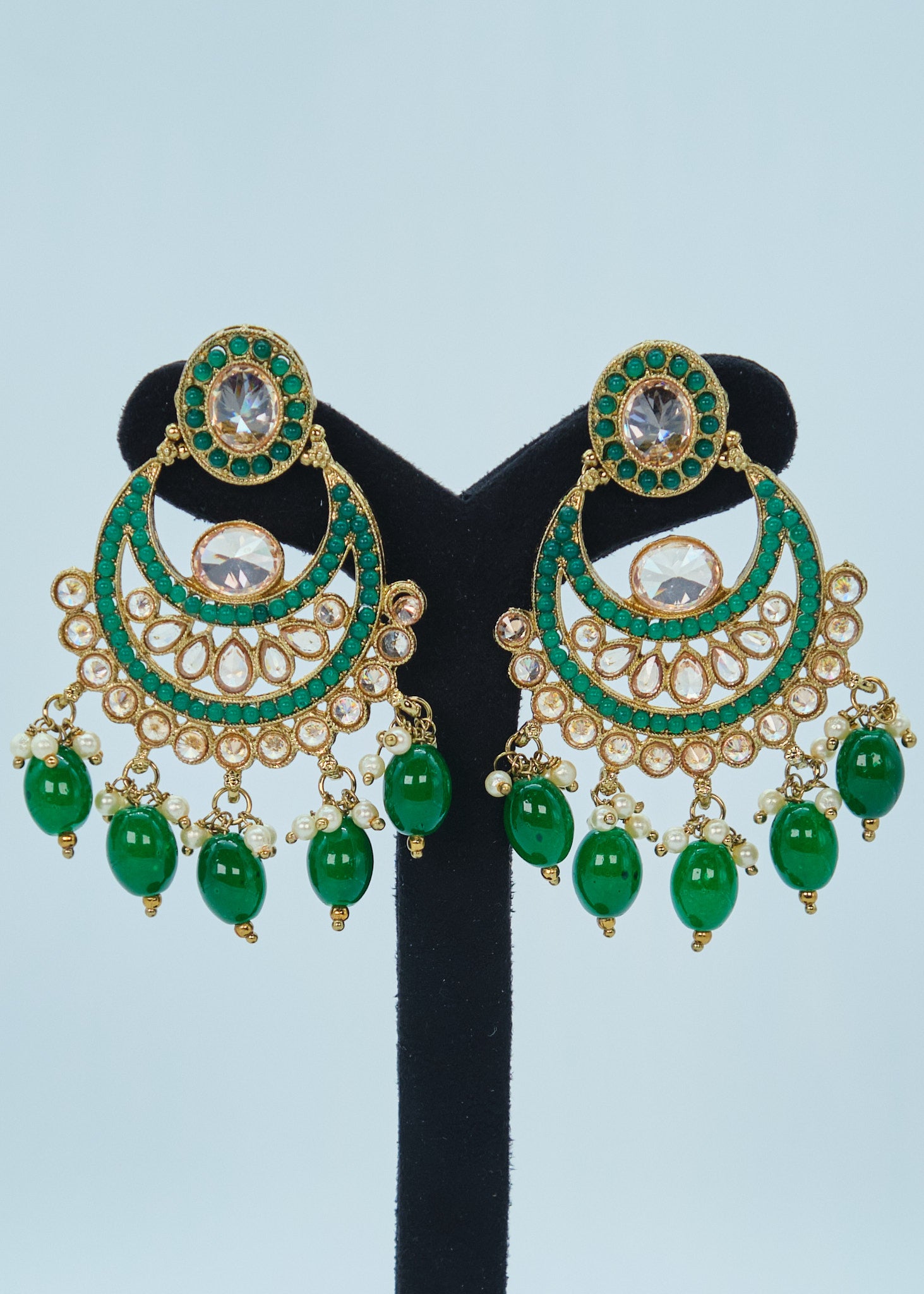 Nyra Polki Earrings With Tikka Set - Emerald Green