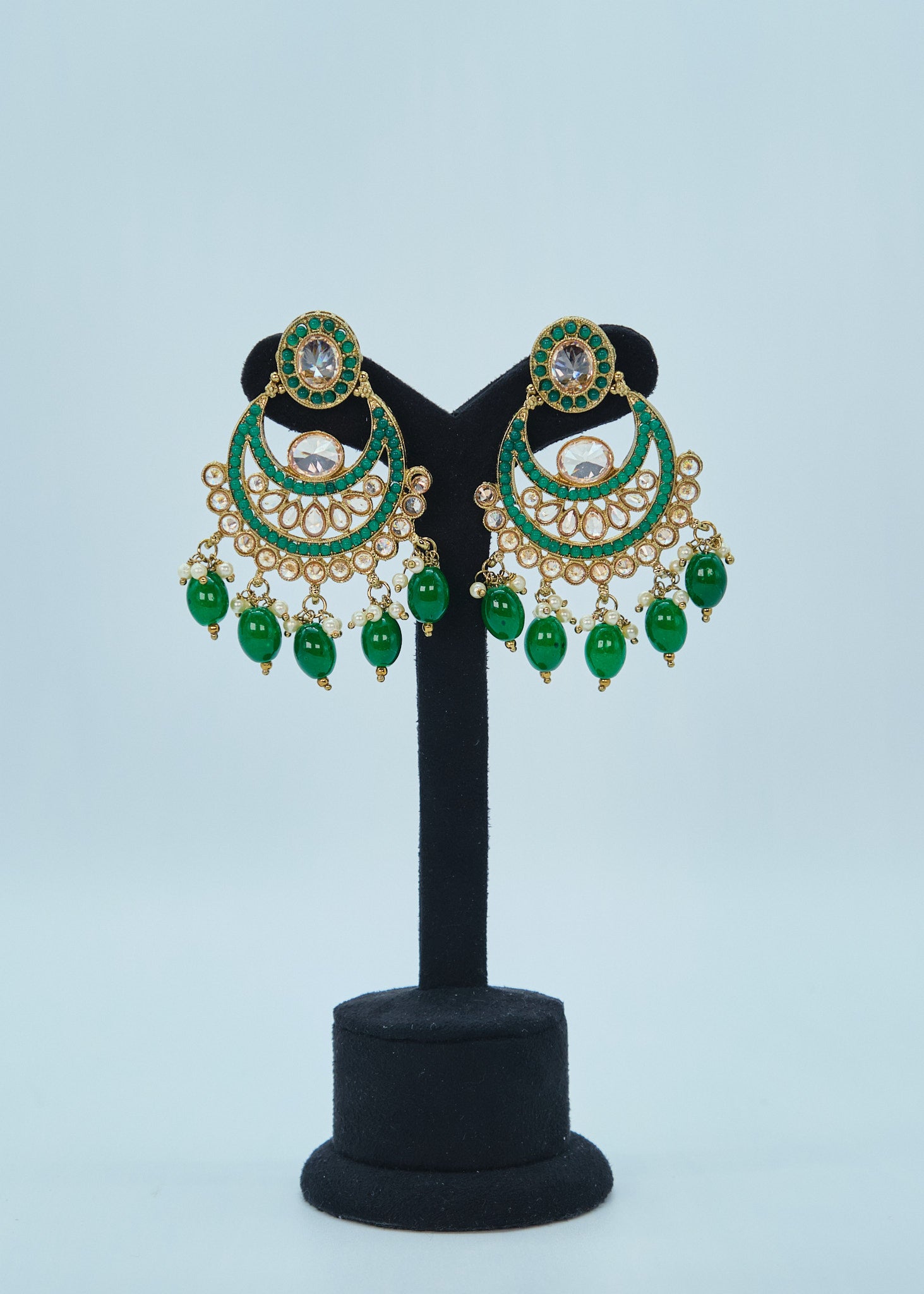 Nyra Polki Earrings With Tikka Set - Emerald Green