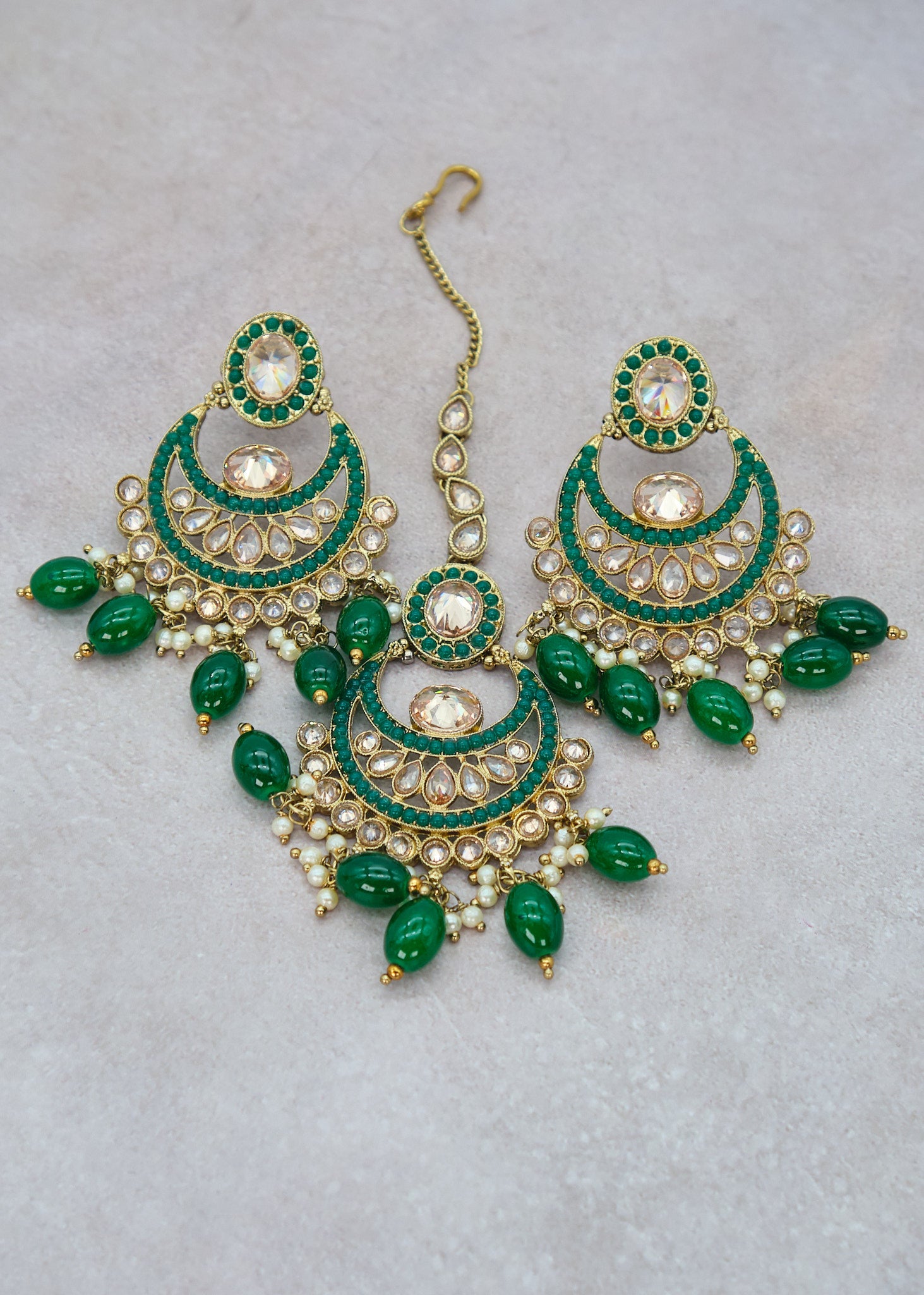 Nyra Polki Earrings With Tikka Set - Emerald Green