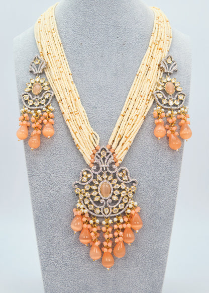 Peach Dual Tone Long Tyaani Kundan Mala Necklace Set