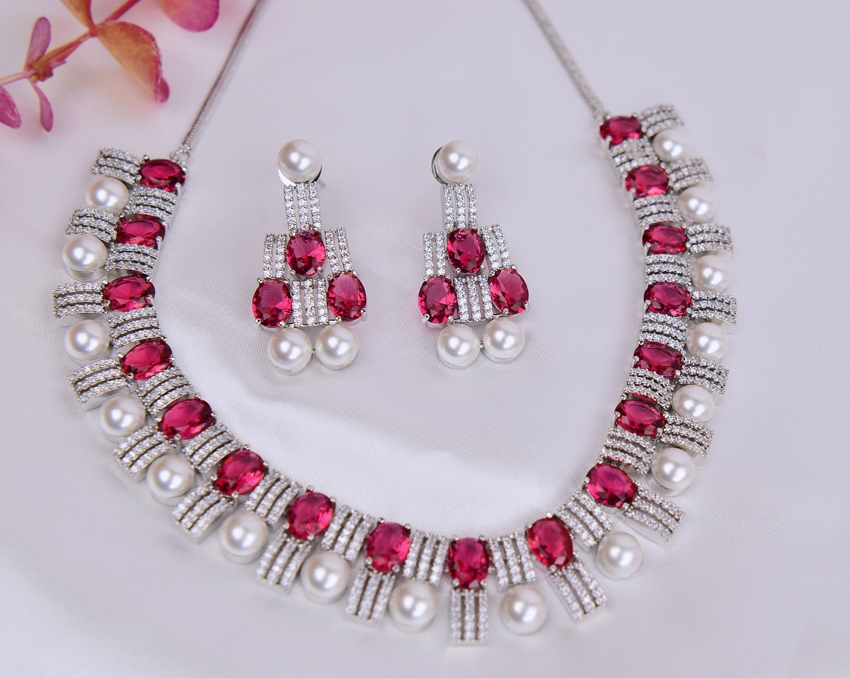 Elegant Ruby Pearl Cubic Zirconia Necklace Set