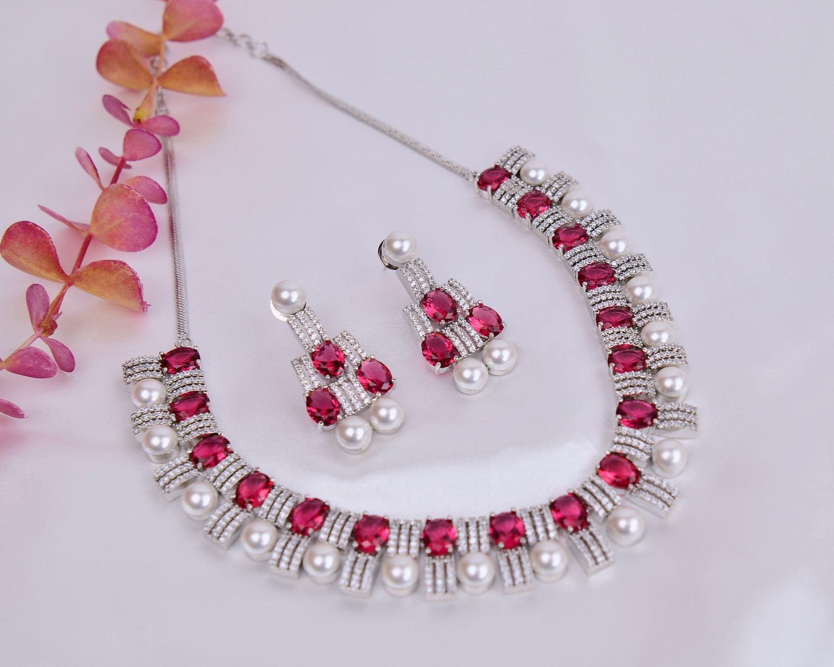 Elegant Ruby Pearl Cubic Zirconia Necklace Set