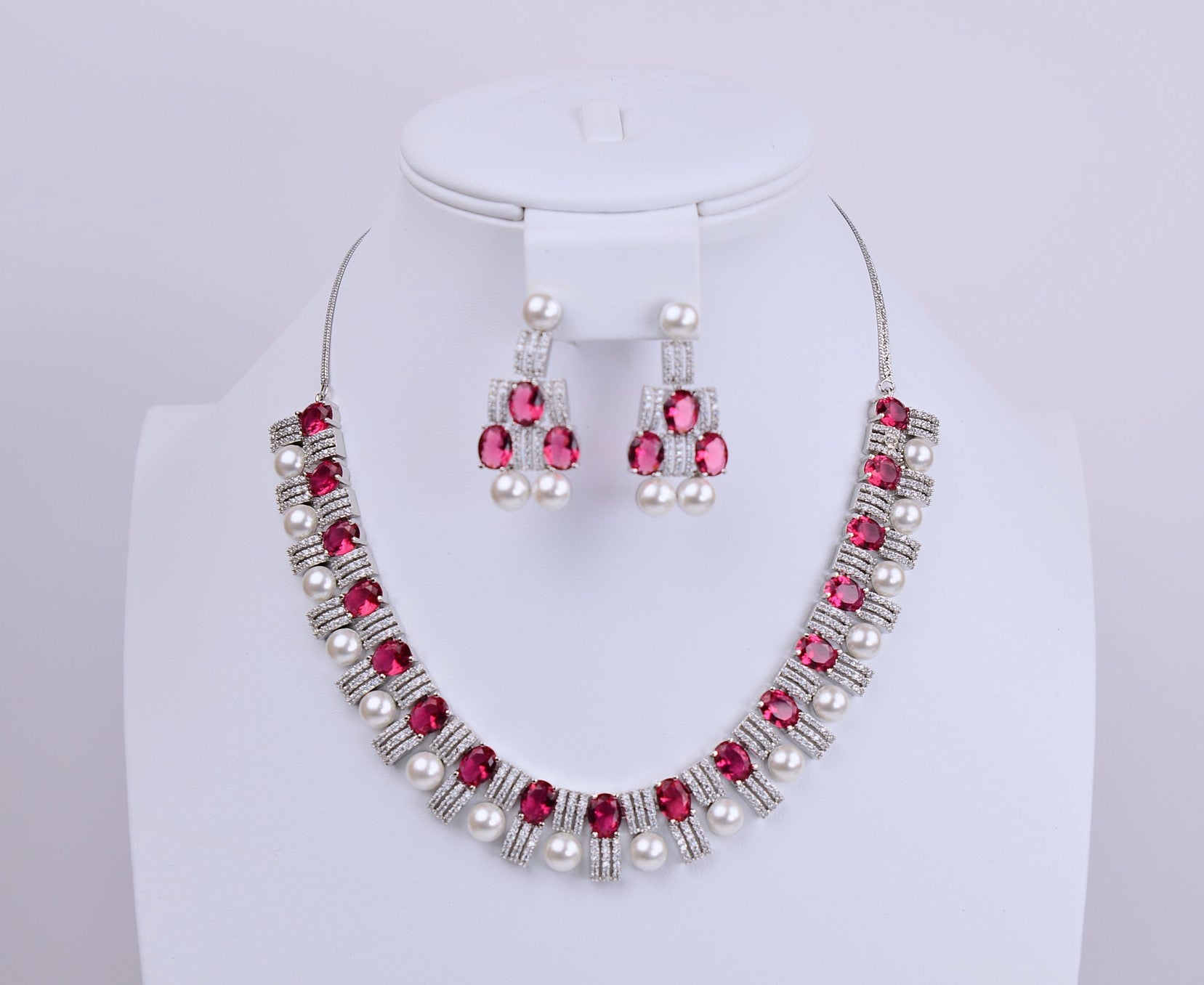 Elegant Ruby Pearl Cubic Zirconia Necklace Set