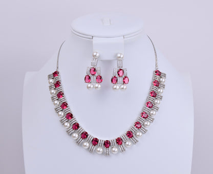 Elegant Ruby Pearl Cubic Zirconia Necklace Set