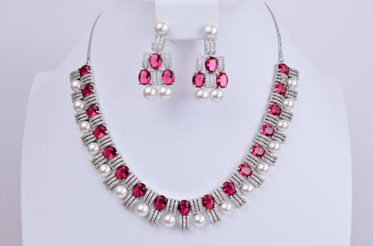 Elegant Ruby Pearl Cubic Zirconia Necklace Set