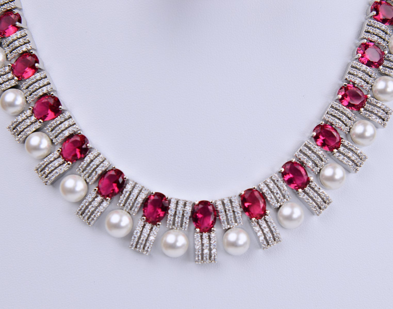 Elegant Ruby Pearl Cubic Zirconia Necklace Set