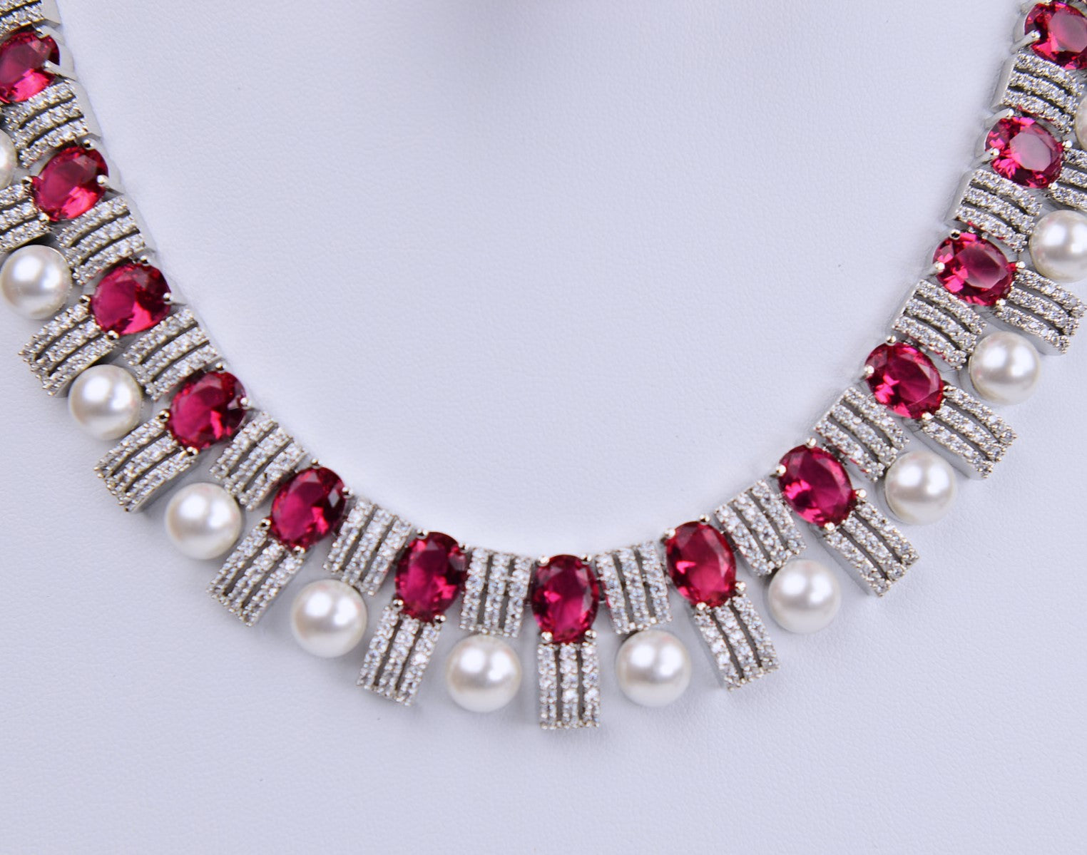 Elegant Ruby Pearl Cubic Zirconia Necklace Set