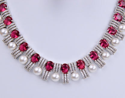 Elegant Ruby Pearl Cubic Zirconia Necklace Set