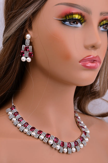 Elegant Ruby Pearl Cubic Zirconia Necklace Set