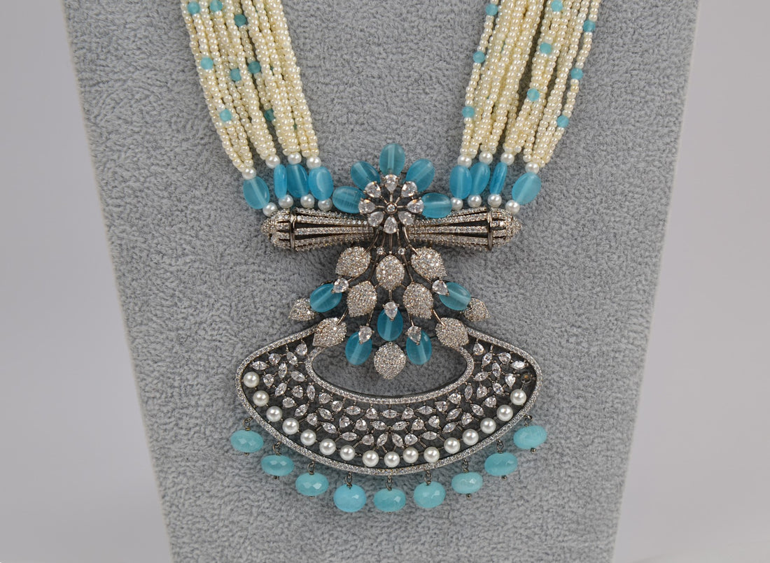 Aqua Blue Luxurious Victorian Long Necklace Set