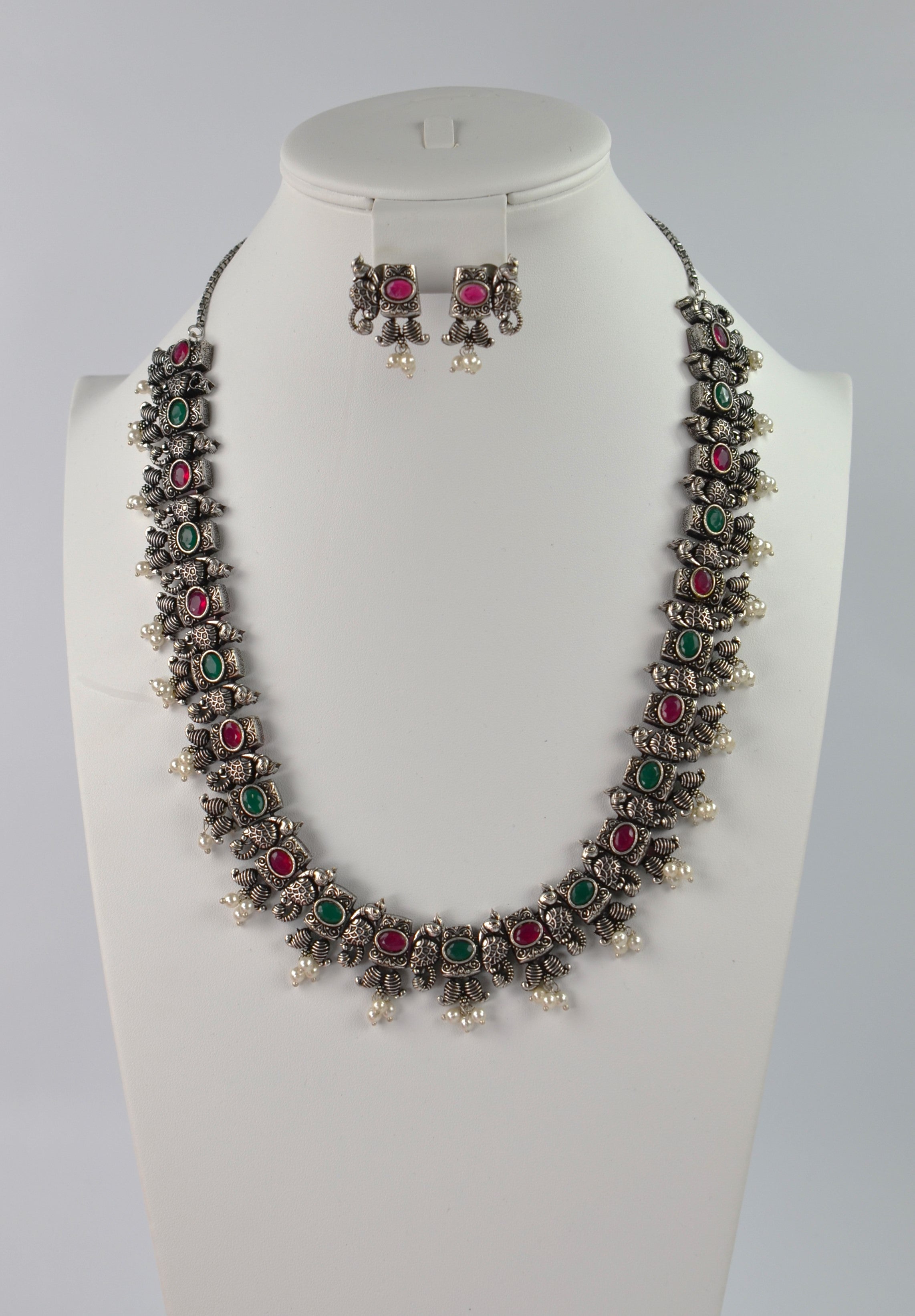 German Silver Peacock Design Multi Stone Necklace Set