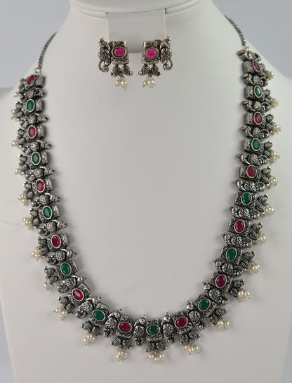 German Silver Peacock Design Multi Stone Necklace Set