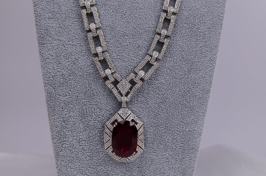 Unique Oval Cut Ruby Sapphire Pendant Necklace Set