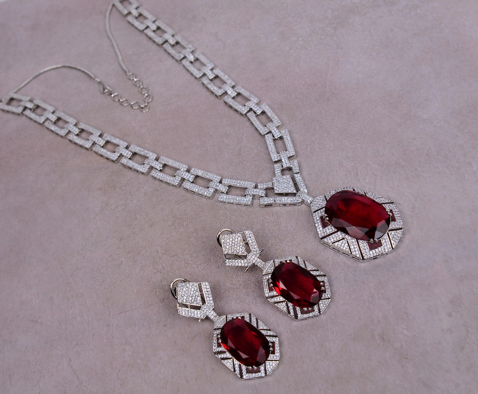 Unique Oval Cut Ruby Sapphire Pendant Necklace Set