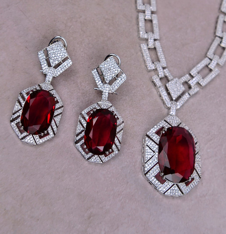 Unique Oval Cut Ruby Sapphire Pendant Necklace Set