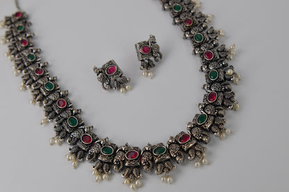 German Silver Peacock Design Multi Stone Necklace Set