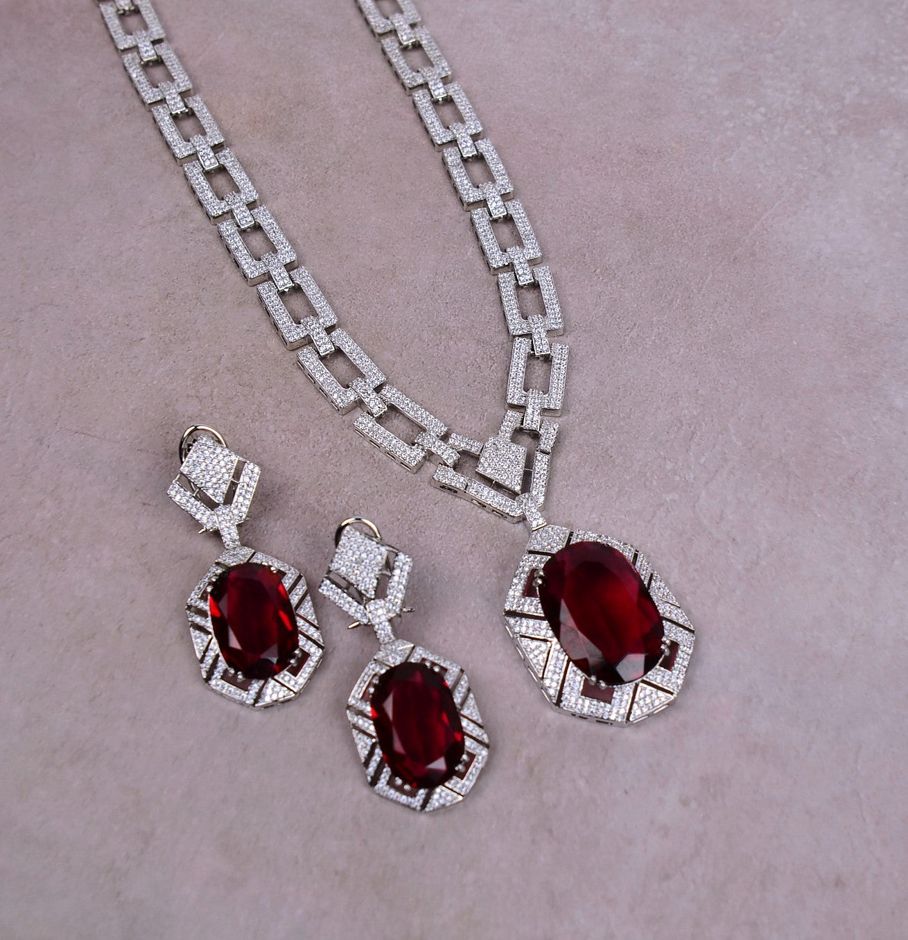 Unique Oval Cut Ruby Sapphire Pendant Necklace Set