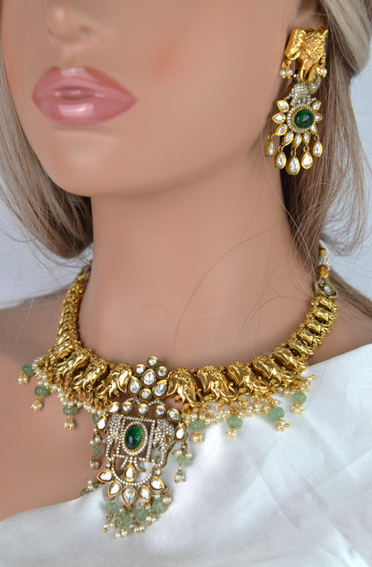 Emerald Green Elephant Motif Necklace And Earring Set