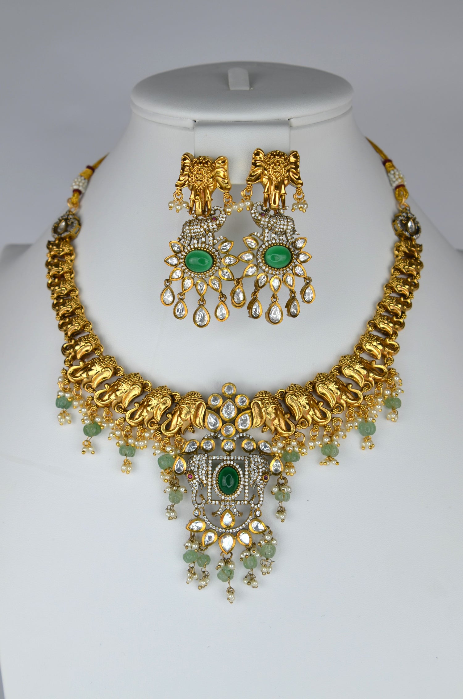 Emerald Green Elephant Motif Necklace And Earring Set