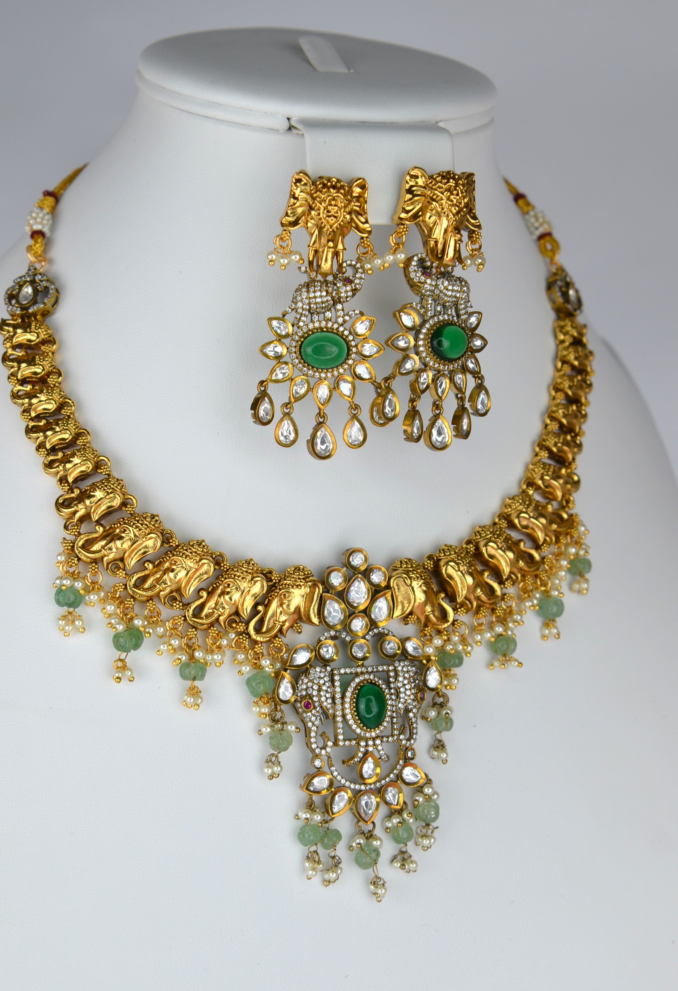 Emerald Green Elephant Motif Necklace And Earring Set