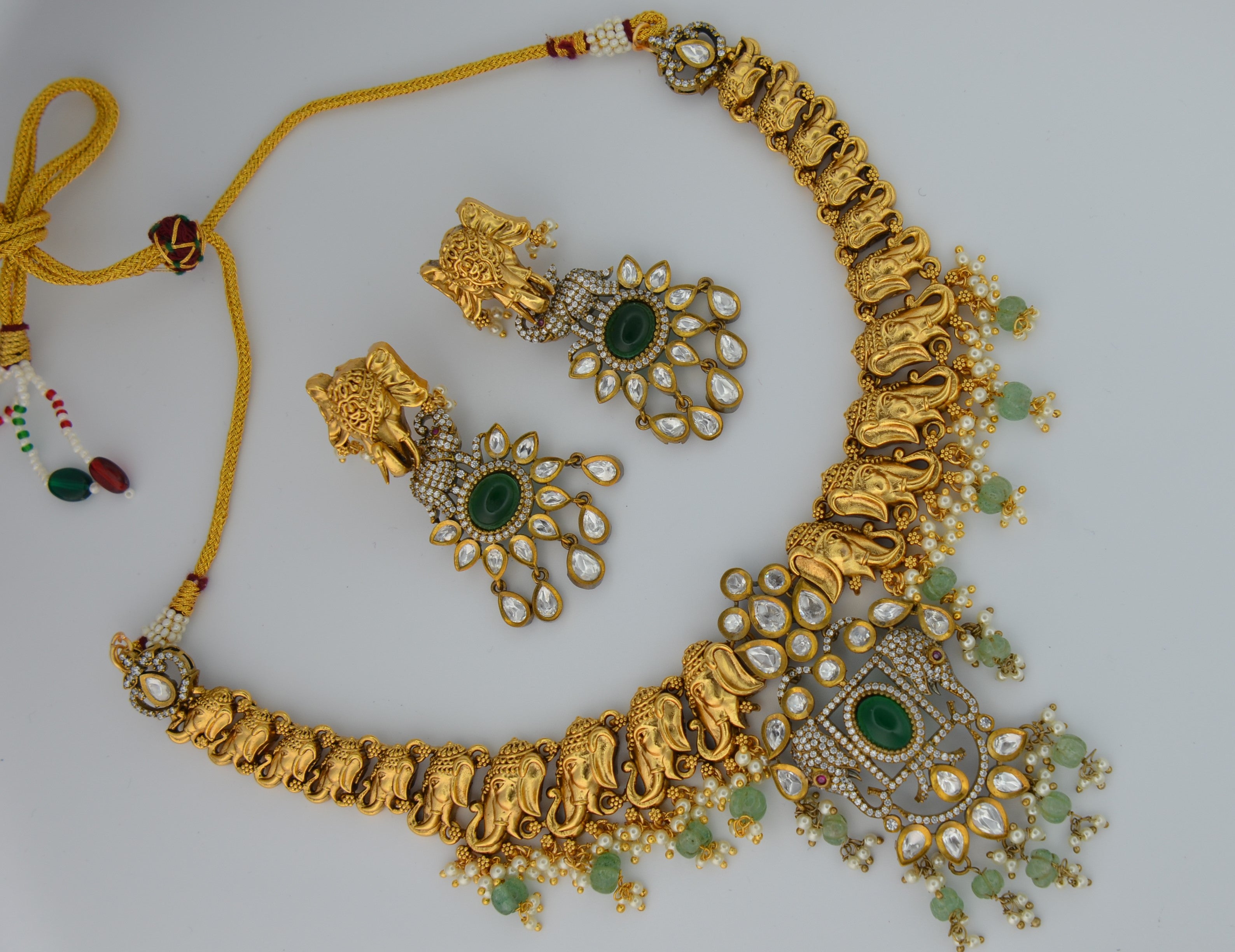 Emerald Green Elephant Motif Necklace And Earring Set