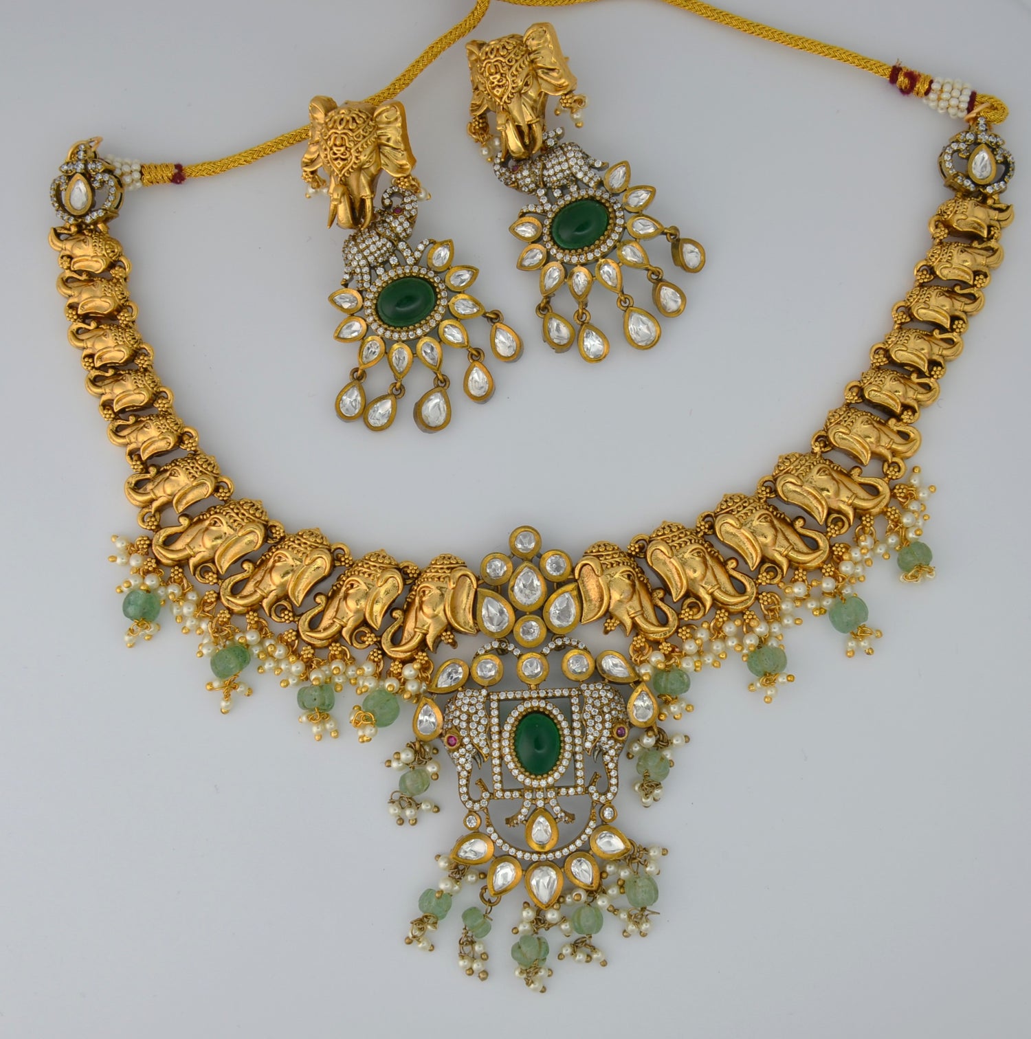 Emerald Green Elephant Motif Necklace And Earring Set